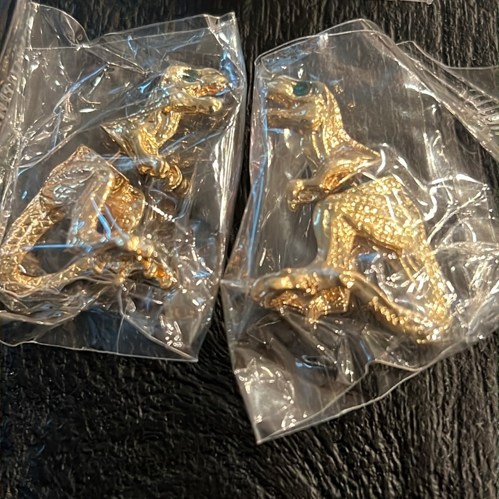Gold T-Rex Earrings w/Faux Emerald Eyes - New - Picture 3 of 6